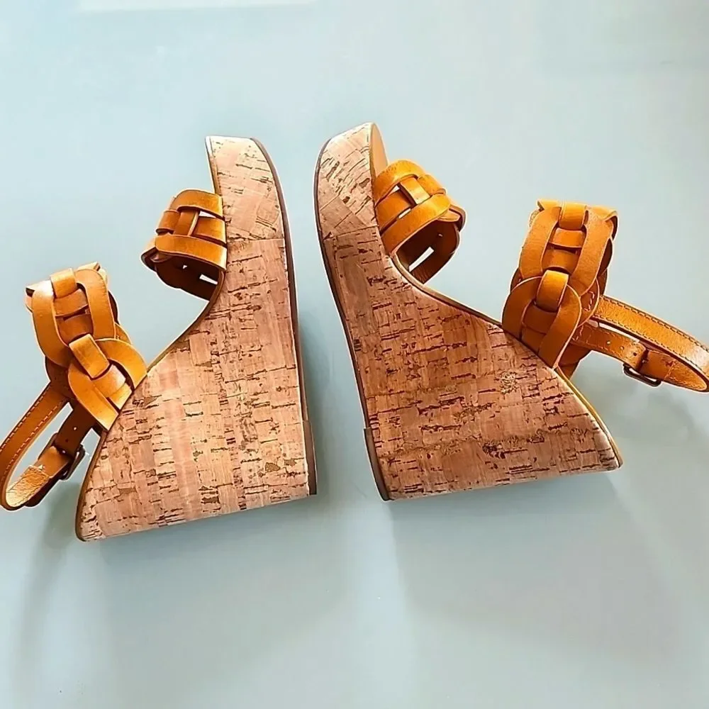 Tory Burch Calyca Leather And Cork Boho Chic Retro 70's Disco Vibe Heels‎ Size 9